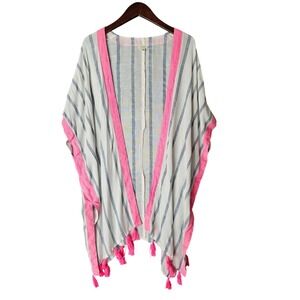 En Crème Kimono Duster Cover Up Striped Tassel Pink‎ White Blue Boho Chic L